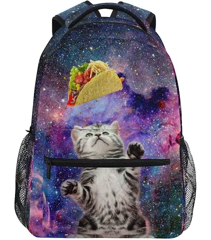 Galaxy Pizza Funny Cat Girls Backpacks School kids Bookbag Children Travel Shoulder Bag Casual Daypack 17 Inch Plus Laptop Bag for Unisex Teens Women Boys