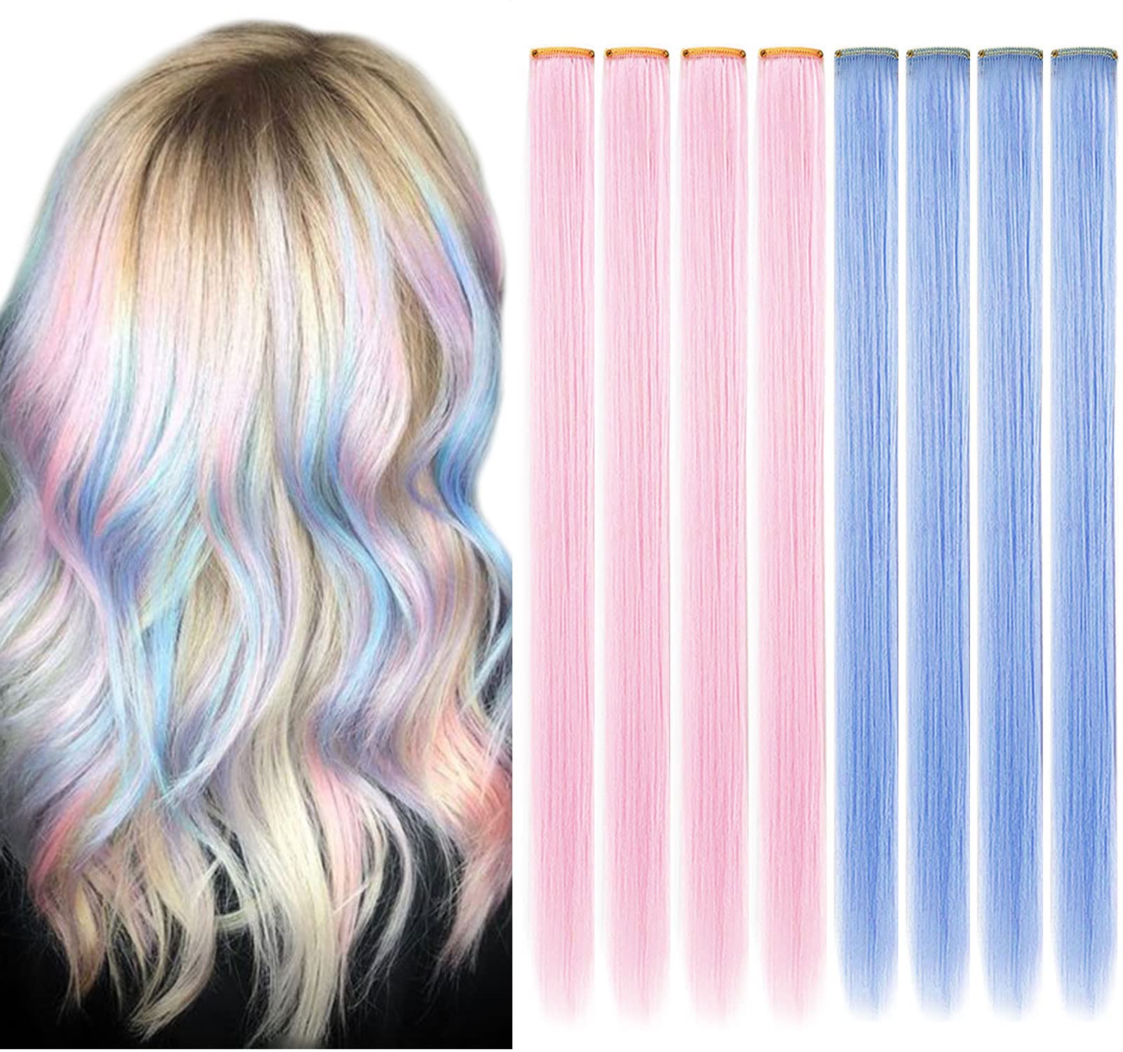 IAMERUI Multicolors Party Straight Hair Colorful Clip in Synthetic Hair Extensions in Multiple Colors Heat Resistant Long Hairpiece 8PCS (Light Pink Light Blue)