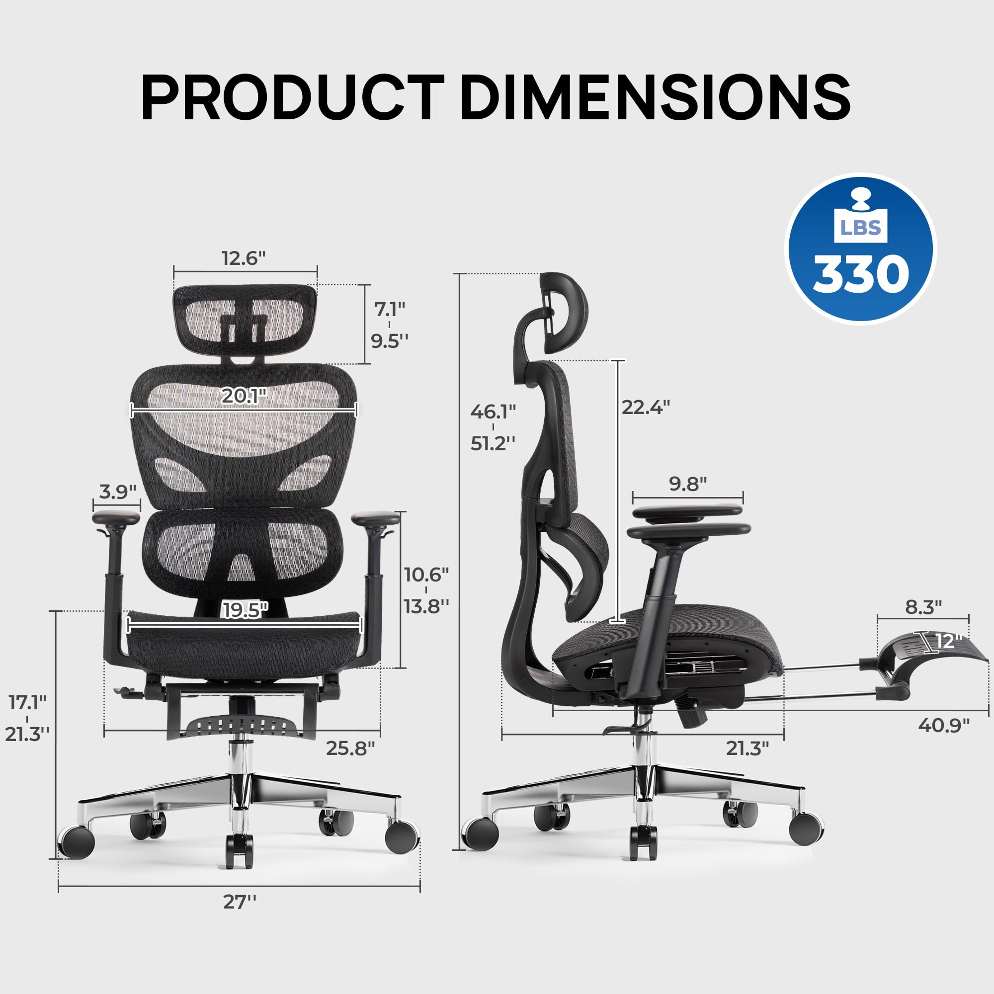 Huuger Mesh Office Chair with Footrest, Ergonomic Desk Chair with Lumbar Support, Comfortable, Multi-tilt Angle Backrest, Headrest and 3D Armrest, Large Steel Base, Black - Image 7