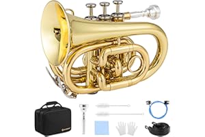 Eavnbaek B Flat Brass Bb Pocket Trumpet with 7C Mouthpiece, Cleaning Kit, Carrying Case and Gloves for Students Beginners (Gold)