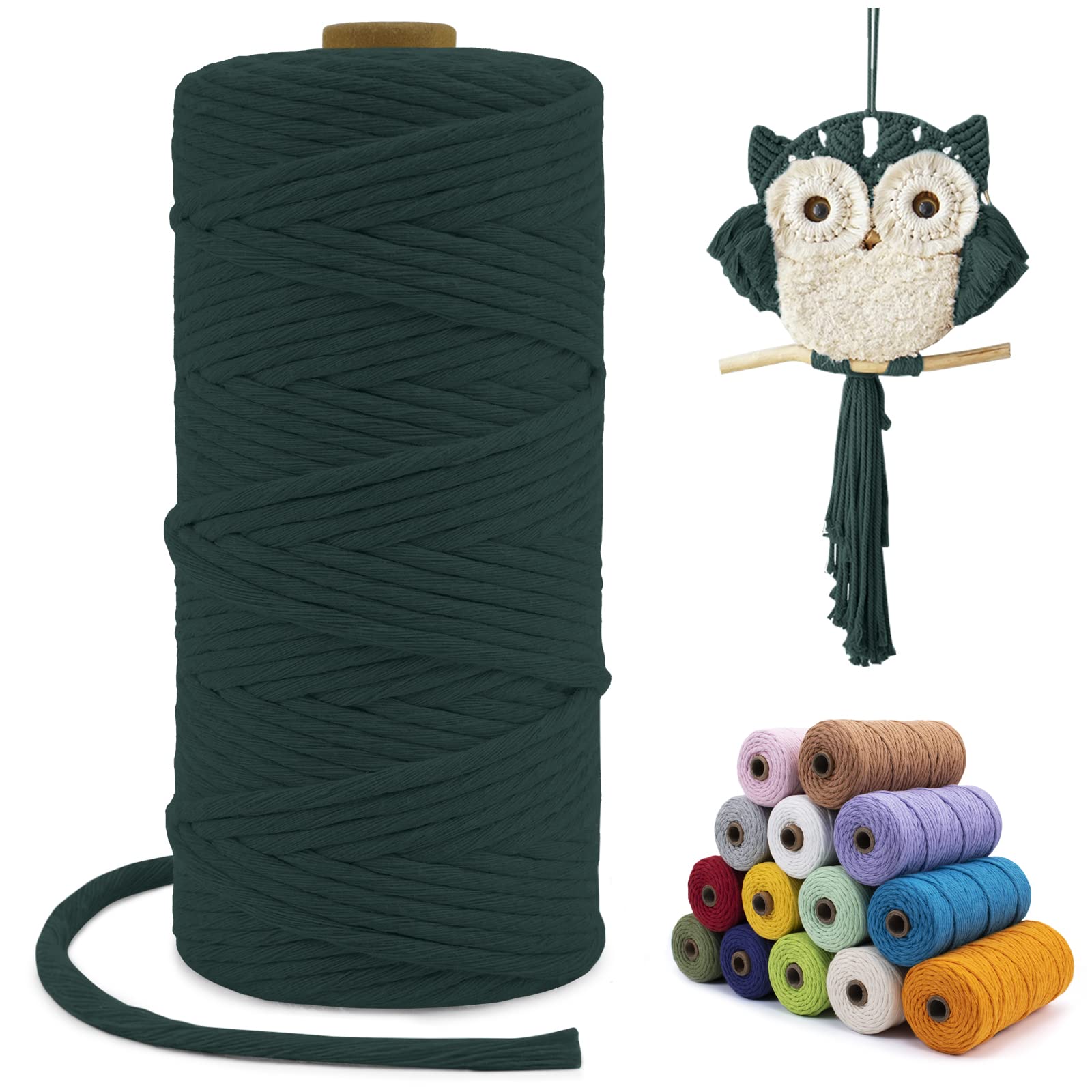 LEREATI Macrame Cord 3mm x 100m, Single Strand Thick Macrame Rope Yarn Natural Cotton Cord, Craft Macrame String for Plant Hanger, Wall Hanging, Knitting, DIY, Home Decorations (Dark Green)