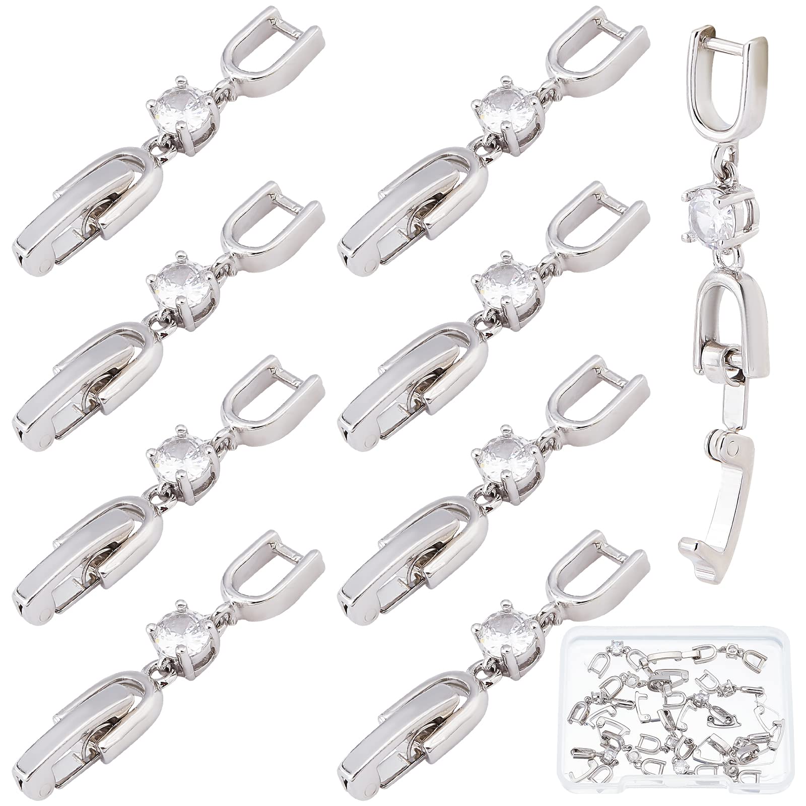 SUNNYCLUE 1 Box 12Pcs Cubic Zirconia Folder Over Clasps Brass Fold Over Clasp Extender Connector Necklace Rhinestone Clasps for Jewellery Making Bracelet Extension Crystal Converter Anklets Platinum