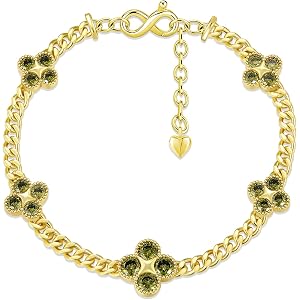 ETERMBOL Birthstone Bracelet for Women 14K Gold Filled, Four-Leaf Clover Round Cut Gemstones & 7 Inches Cuban Chain Link, Val