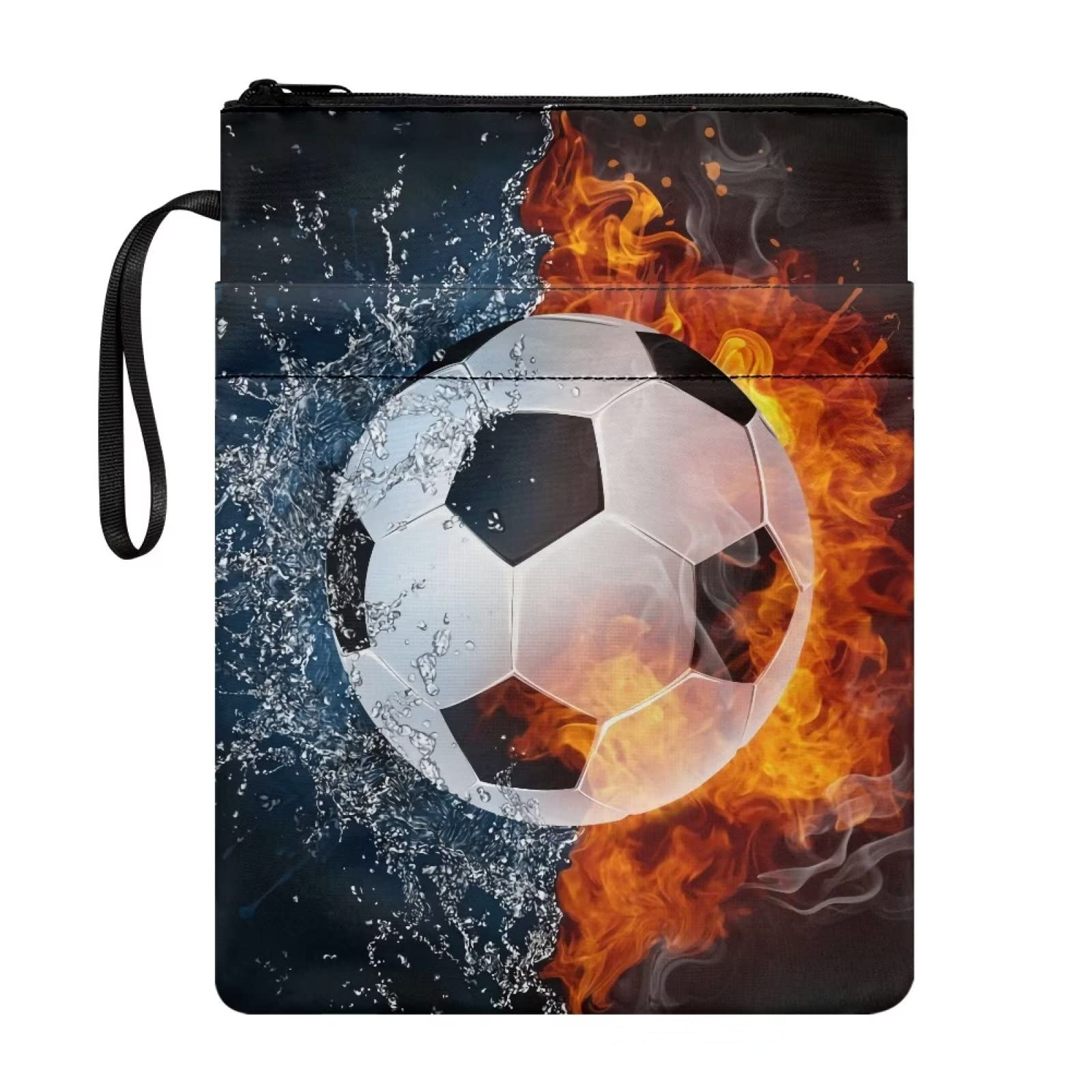 Poceacles Soccer Water Fire Design Book Sleeve Book Covers for Paperbacks, Book Protector Pouch with Zipper, Washable Polyester Fabric Book Sleeves — image 1