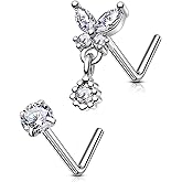 OUFER 2PCS Stainless Steel Nose Rings, Moon Star Butterfly Design 20G Nostril Dangle Piercing Jewelry - 7MM