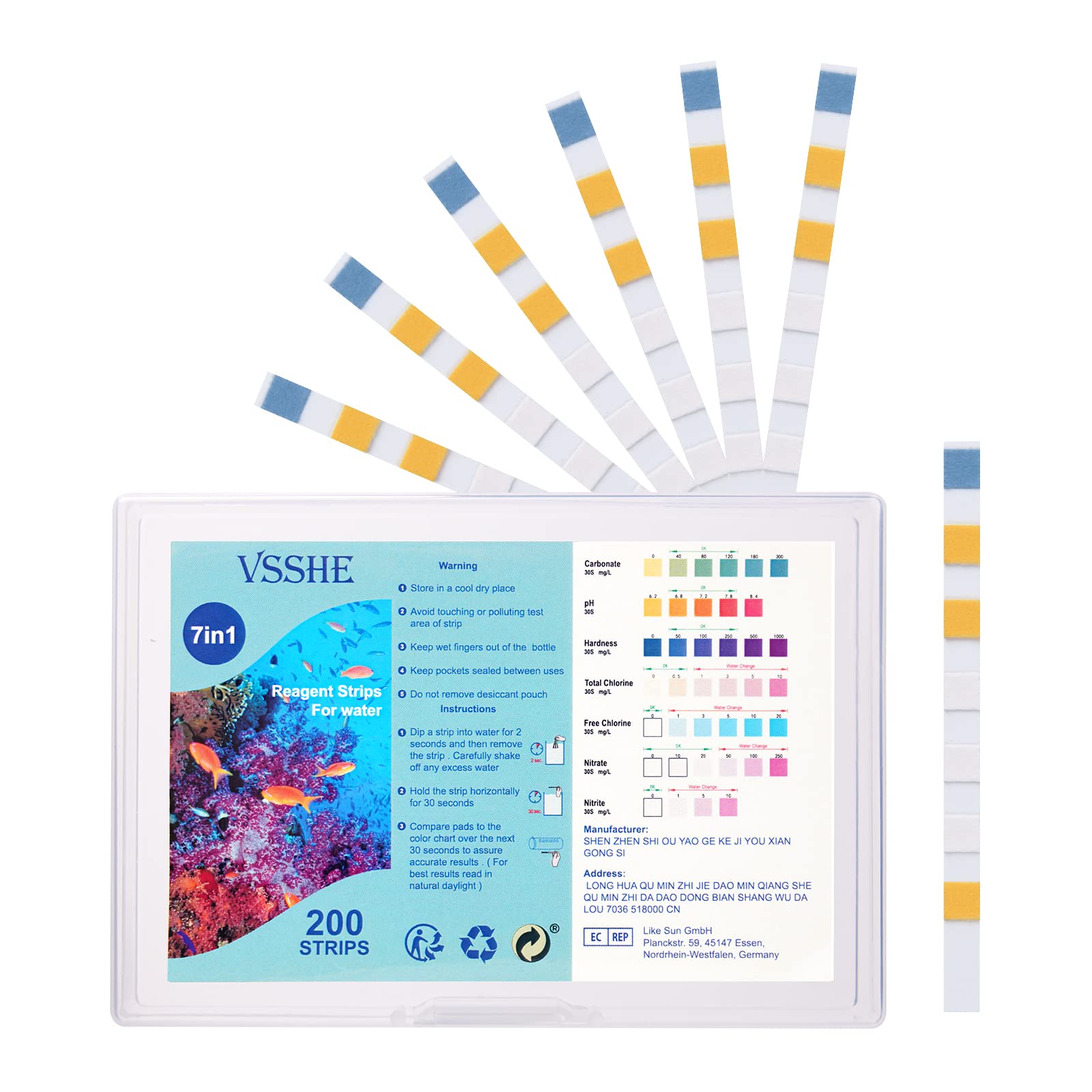vsshe Aquarium Test Strips, 7 in 1 Fish Tank Test Kit, Freshwater Saltwater Aquarium Water Test Kit to Detect pH Nitrite Nitrate Chlorine Carbonate Hardness, Testable in 60 seconds (GH & KH) (200 Pcs)