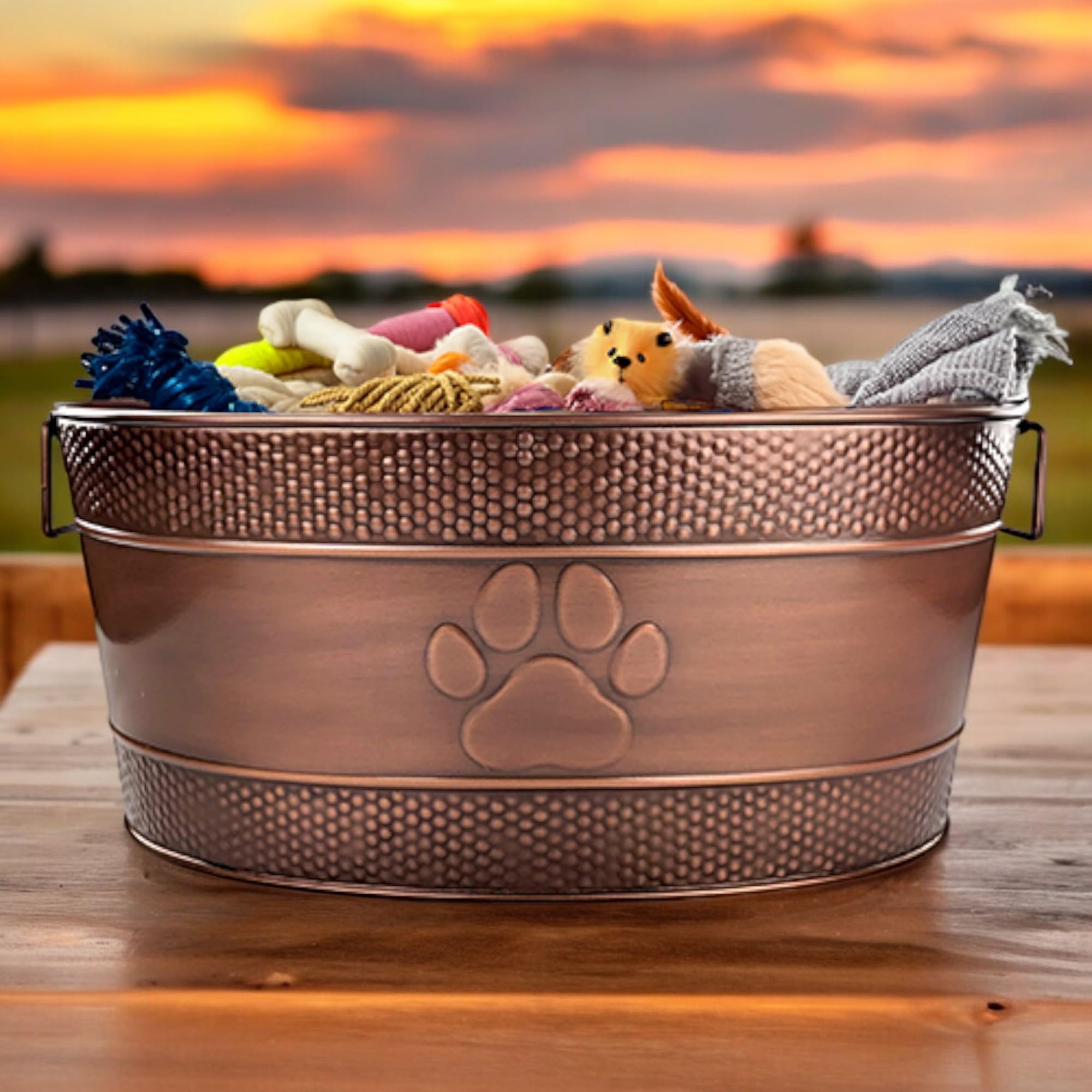 BREKX Indestructible Metal Dog Toy Bin - Copper Galvanized Storage Bin with Handles, Puppy Basket for Dog Storage, Blankets, & Leashes, Paw Pet Toy Box (25-Quart)