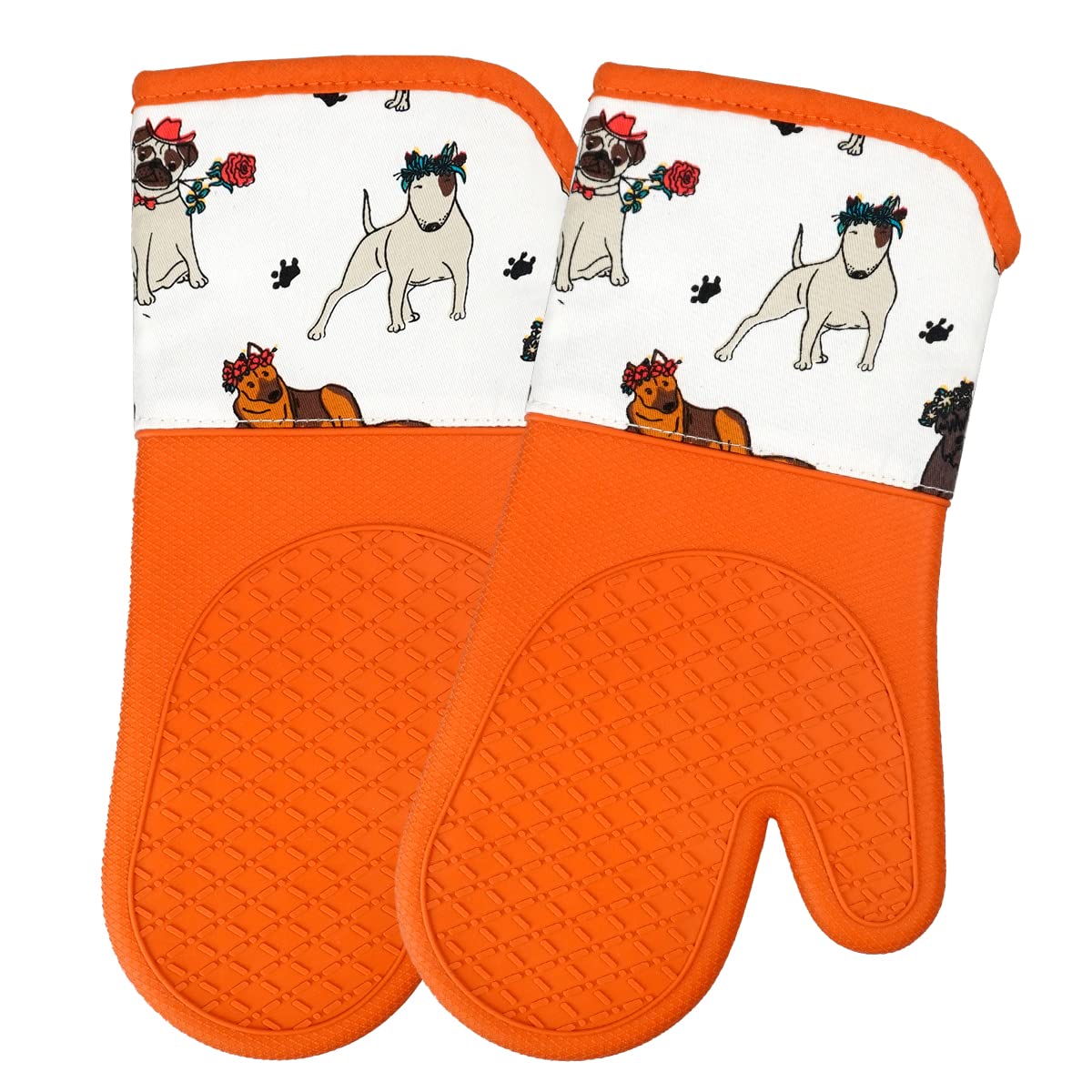SiXsigma Sports Oven Gloves Heat Resistant Silicone Shell Waterproof - Quick Dry Oven Mitts for BBQ, Cooking, Baking And Grilling Set of 2 (Romantic Dogs, 33X17 CM)