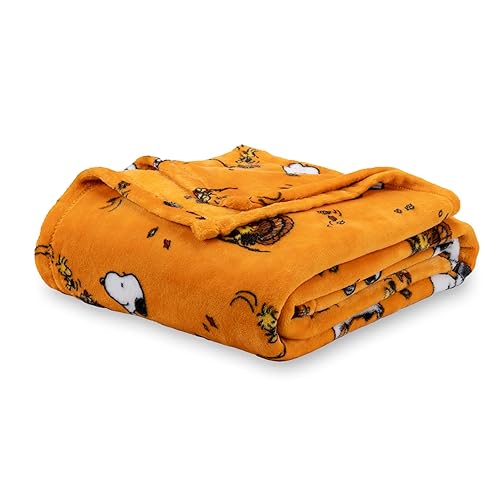 Berkshire Blanket Peanuts® VelvetLoft® Cute Character Snoopy Plush Blanket,Snoopy and Woodstock Fall Birds & Leafs Orange,King 90 in x 108 in (Official Peanuts® Product)