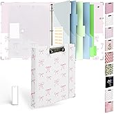 Etzul 3 Ring Binder 1 inch with Clipboard - White & Pink Bow Design, Includes Dividers, File Bag & Spine Label - Classic and Elegant for School or Work, Holographic Waterproof Film