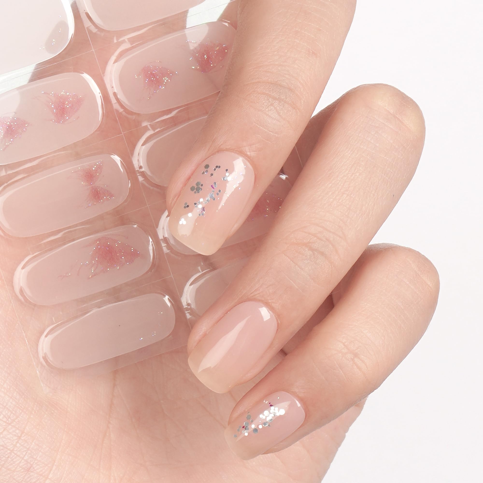 DANNI & TONI Semi Cured Gel Nail Strips,Butterfly Salon-Quality Nail Polish Strips Nude Manicure Stickers Set(Butterfly Echoes) 28Pcs