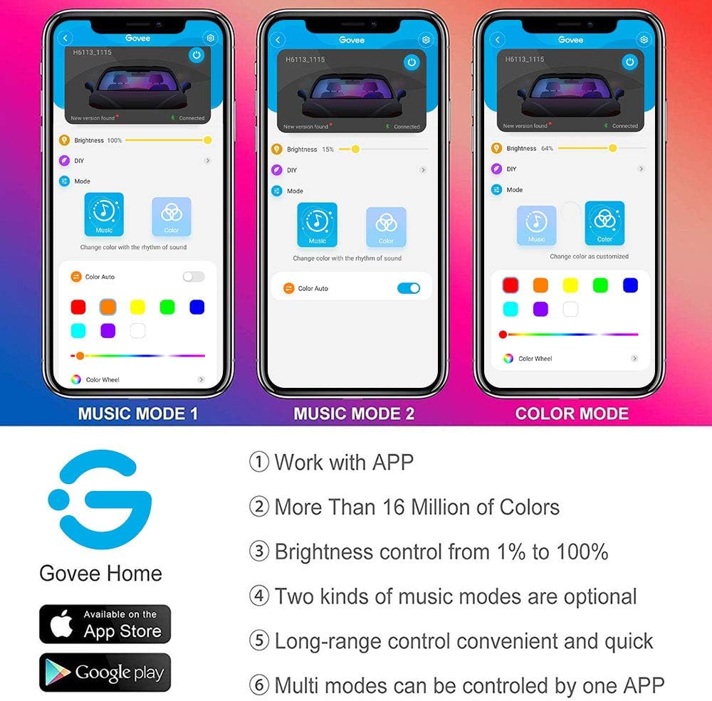 MINGER Unifilar Car LED Strip Light, 4pcs 48 LED APP Controller Car Interior Lights, Waterproof Multicolor Music Under Dash Lighting Kits for iPhone Android Smart Phone, Car Charger Included, DC 12V: Automotive