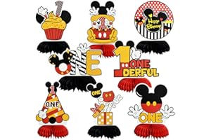 TONIFUL 1st Birthday Black Red Yellow Mouse Themed Table Honeycomb Centerpieces, Red Mouse Table Topper Decor, Letter ONE for First Birthday Party Supplies Party Decorations (8 Pcs)