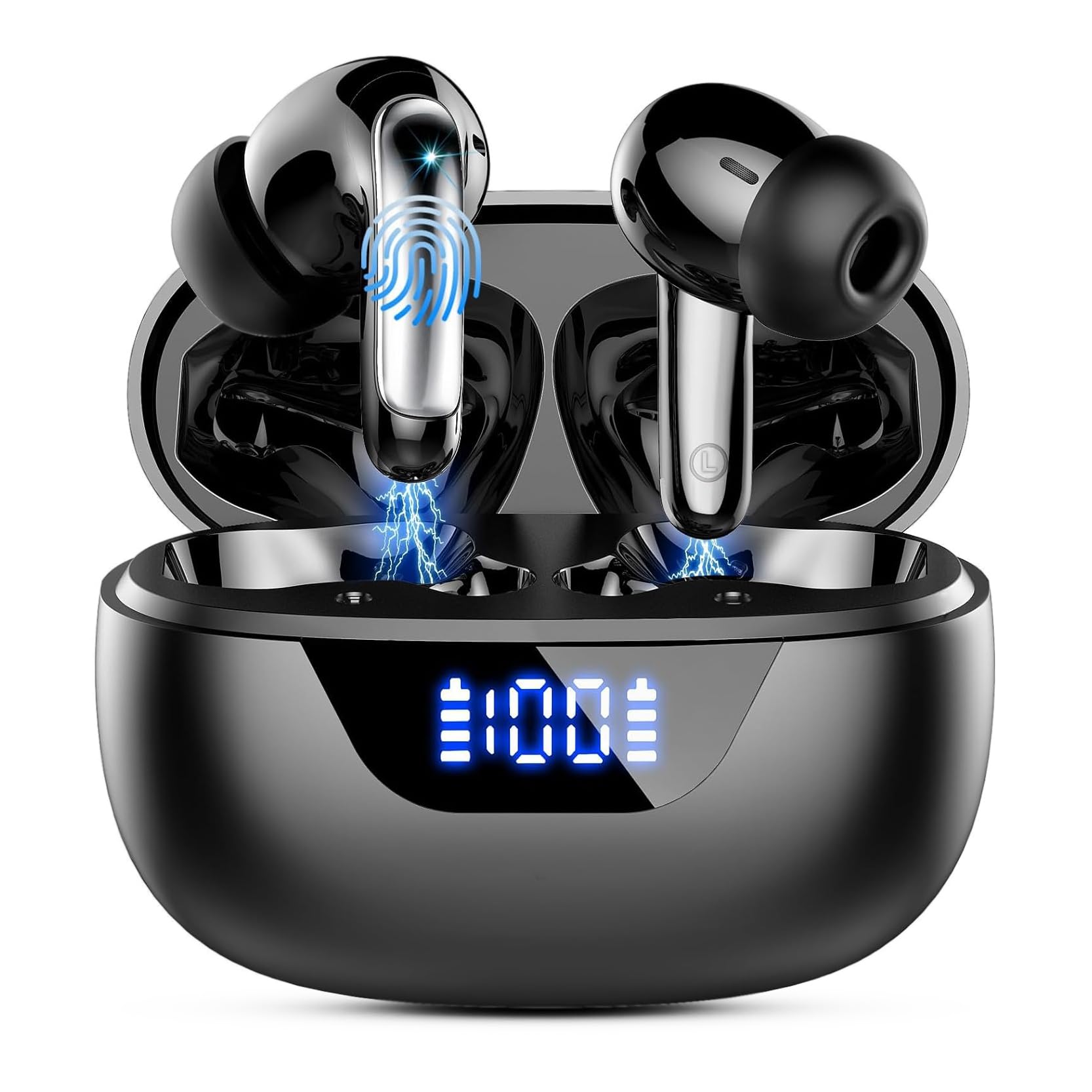 Wress Wireless Ear buds, Wireless Ear buds Bluetooth 5.3 with 4H ENC Mic, 48H Playtime LED Display, Bluetooth Earphone Noise Cancelling, Deep bass, Touch Control, IP7 Waterproof, USB-C, Black