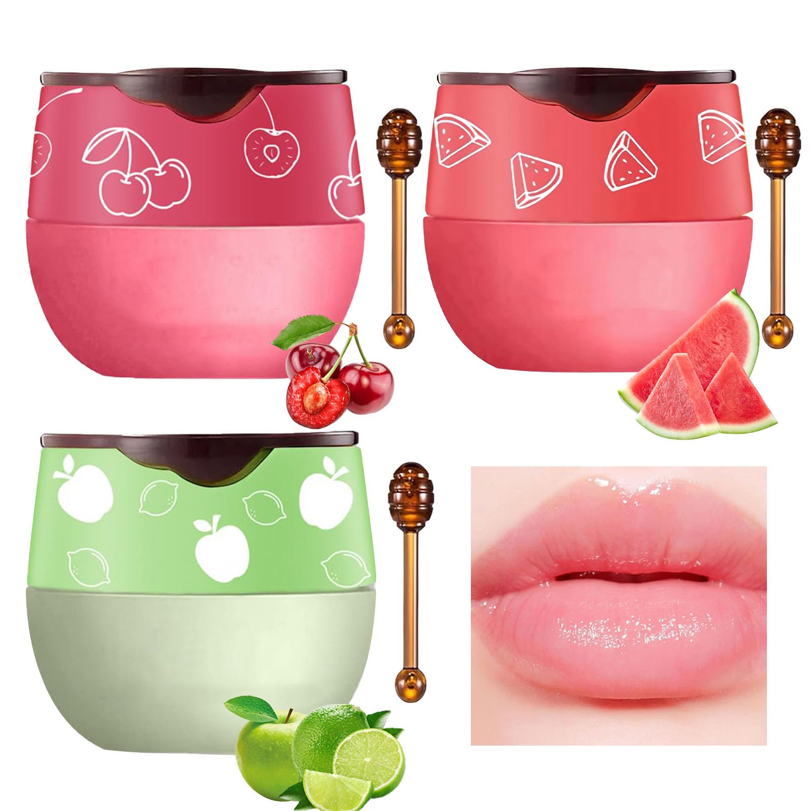 Katslyn 3-Piece Honey Lip Balm Set - Overnight Moisturizing Lip Mask with Silky Hydration, Repair and Exfoliation (Honey+Watermelon+Cherry)