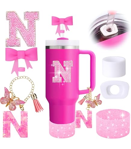 4PCS Stanley Cup Accessories Set - Silicone Straw Covers, Topper Cap, Boot & Initial Charm (Purple Letter D) - View #2
