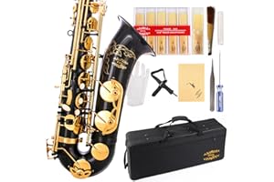 Glory Black/Gold B Flat Tenor Saxophone with Case,10pc Reeds,Mouth Piece,Screw Driver,Nipper. A pair of gloves, Soft Cleaning Cloth