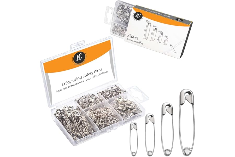 250 Pack Safety Pins by Luxurecourt, 4 Assorted Sizes of Durable, Silver Small and Large Safety Pins Bulk, Rust-Resistant Nickel Plated Steel, Sharp Edge Pins for Clothes, Sewing, Arts & Craft