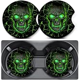 2 Pack Green Skull Car Coasters for Cup Holders,Neoprene Anti Slip Mat | 2.75