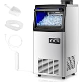 Commercial Ice Maker Machine, 100LBS/24H Freestanding &amp; Undercounter Ice Machine with 2 Water Inlets, 40 PCS/Cycle and 20LBS Storage Bin, Stainless Steel, LED Display &amp; Self-Cleaning for Home Bar