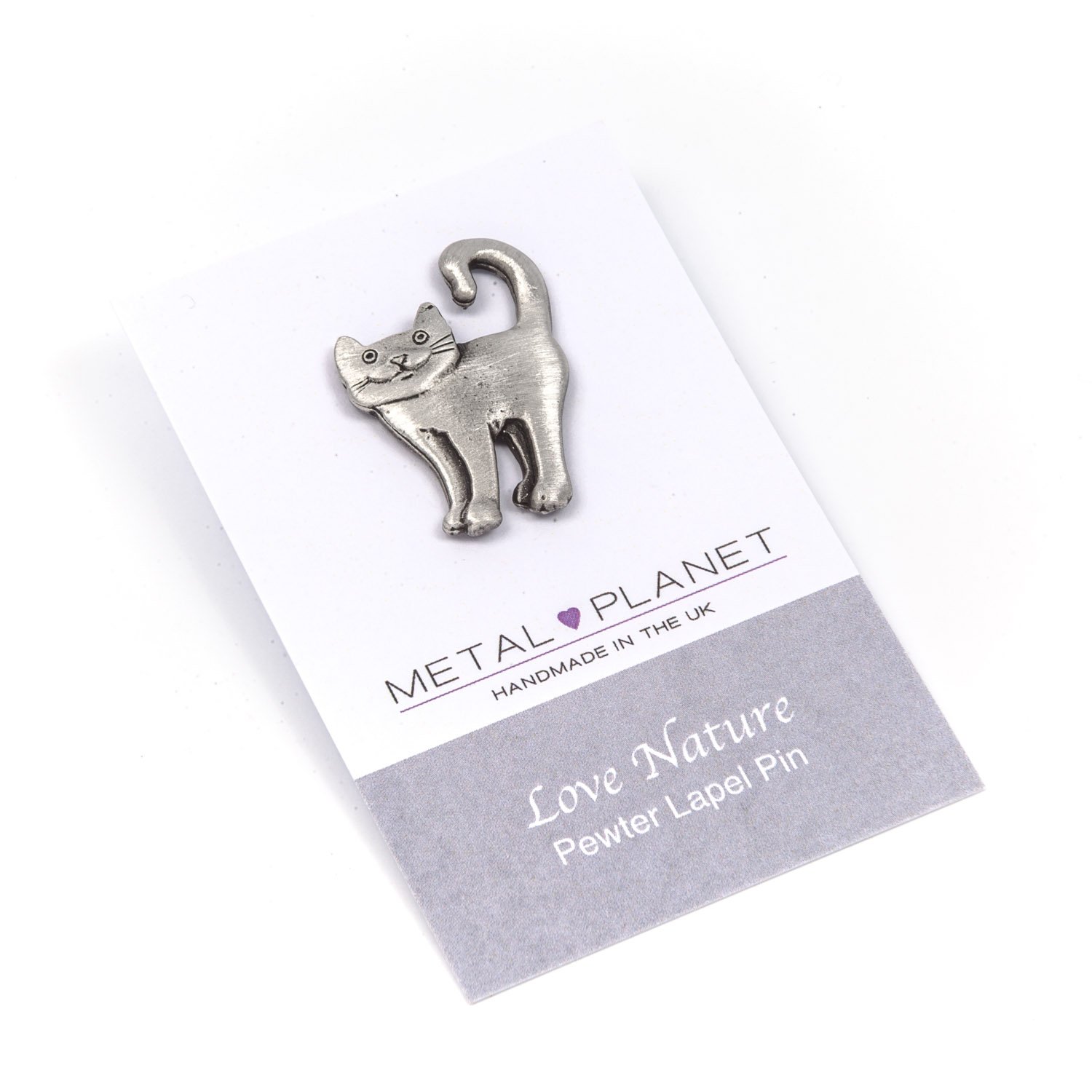 Cat with curled tail, pewter pin badge by Luna London, UK. Gift