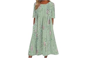 Pejock Casual T Shirt Dress for Women Summer Short Sleeve Crewneck Midi Dress Floral Printed Flowy Tunic Dress with Pockets
