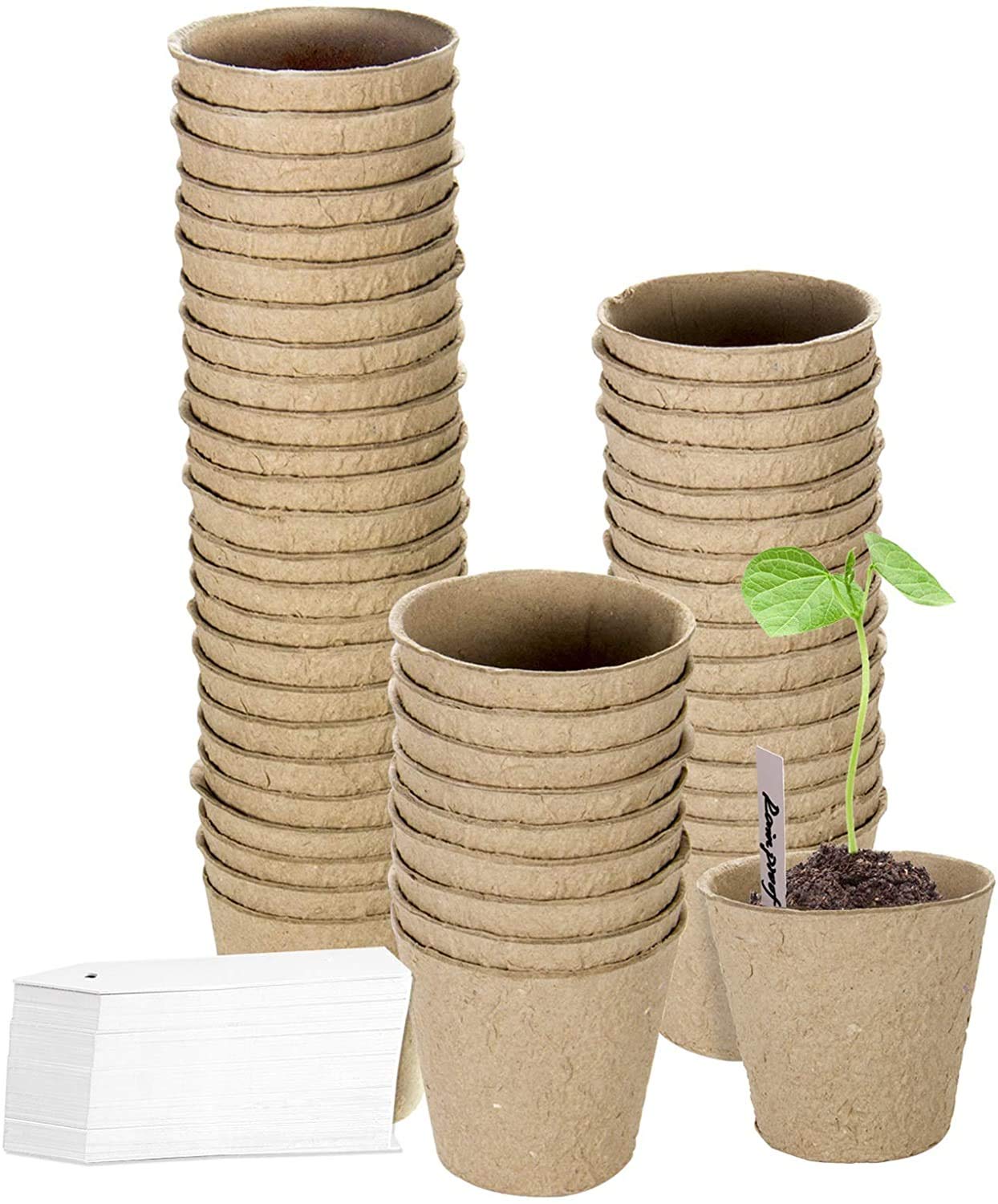 Cymax 100 Pack 8cm Round Fibre Pot Seed Seedling Pot with 100pcs Plastic Plant Lables, Biodegradable Herb Plant,Flower,Seed Starter Pots Kits, Garden Germination Nursery Pot