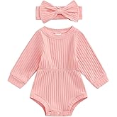 Karwuiio Newborn Baby Girl Fall Outfits Long Sleeve Ribbed Knit Jumpsuit Romper with Headband Infant Clothes Sets