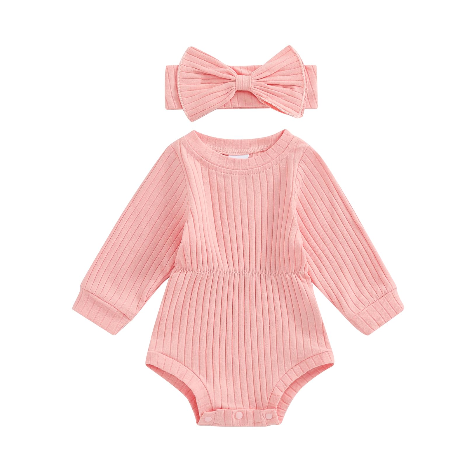 View 1 of ** DARK PINK**
Karwuiio Newborn Baby Girl Fall Outfits Long Sleeve Ribbed Knit Jumpsuit Romper with Headband Infant Clothes Sets (Pink, 6-9 Months)