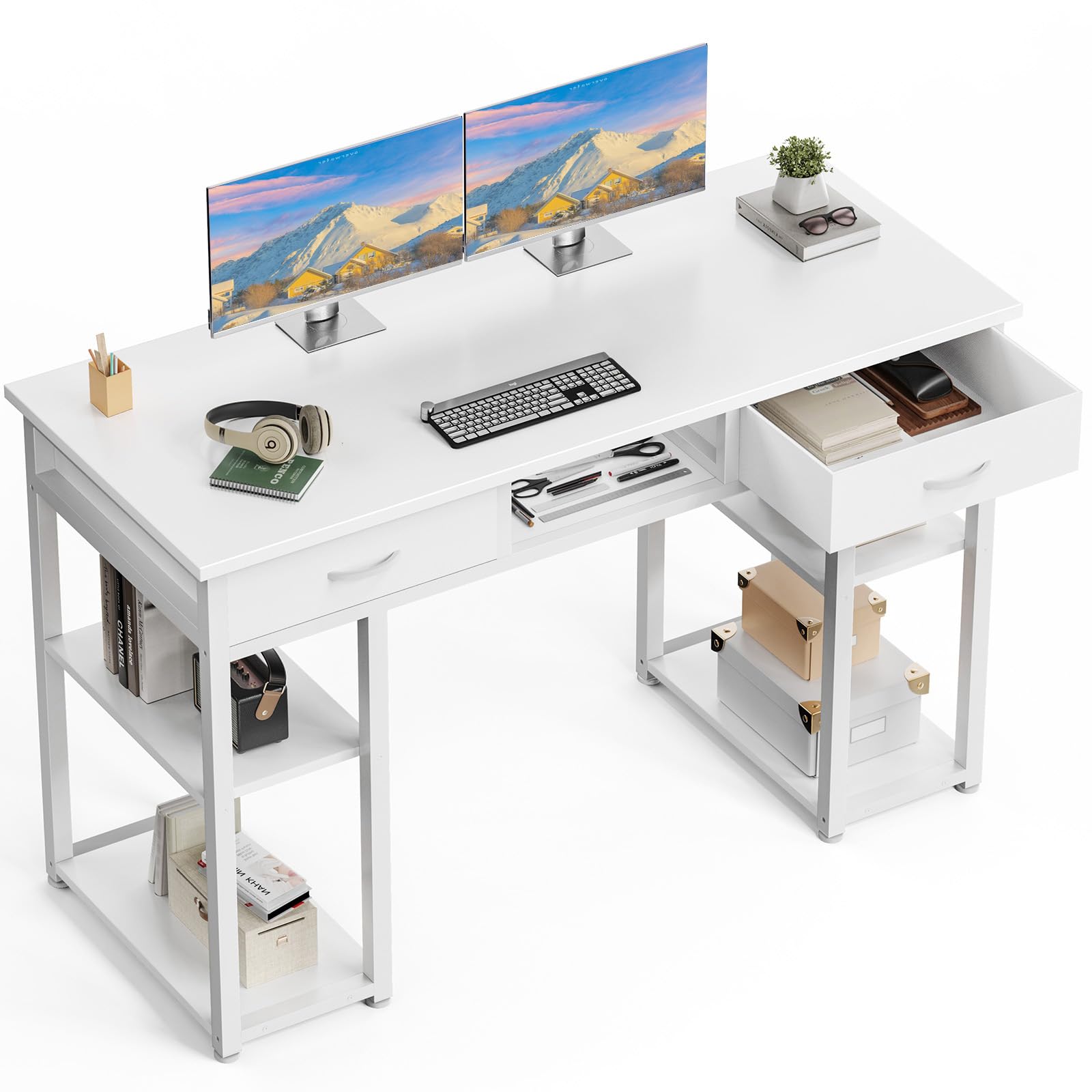DUMOS 48" Small Computer Home Office Desk for Bedroom with Drawers, Gaming Writing Study Table with Storage Shelf, Adjustable Feet, Metal Frame Natural White Image