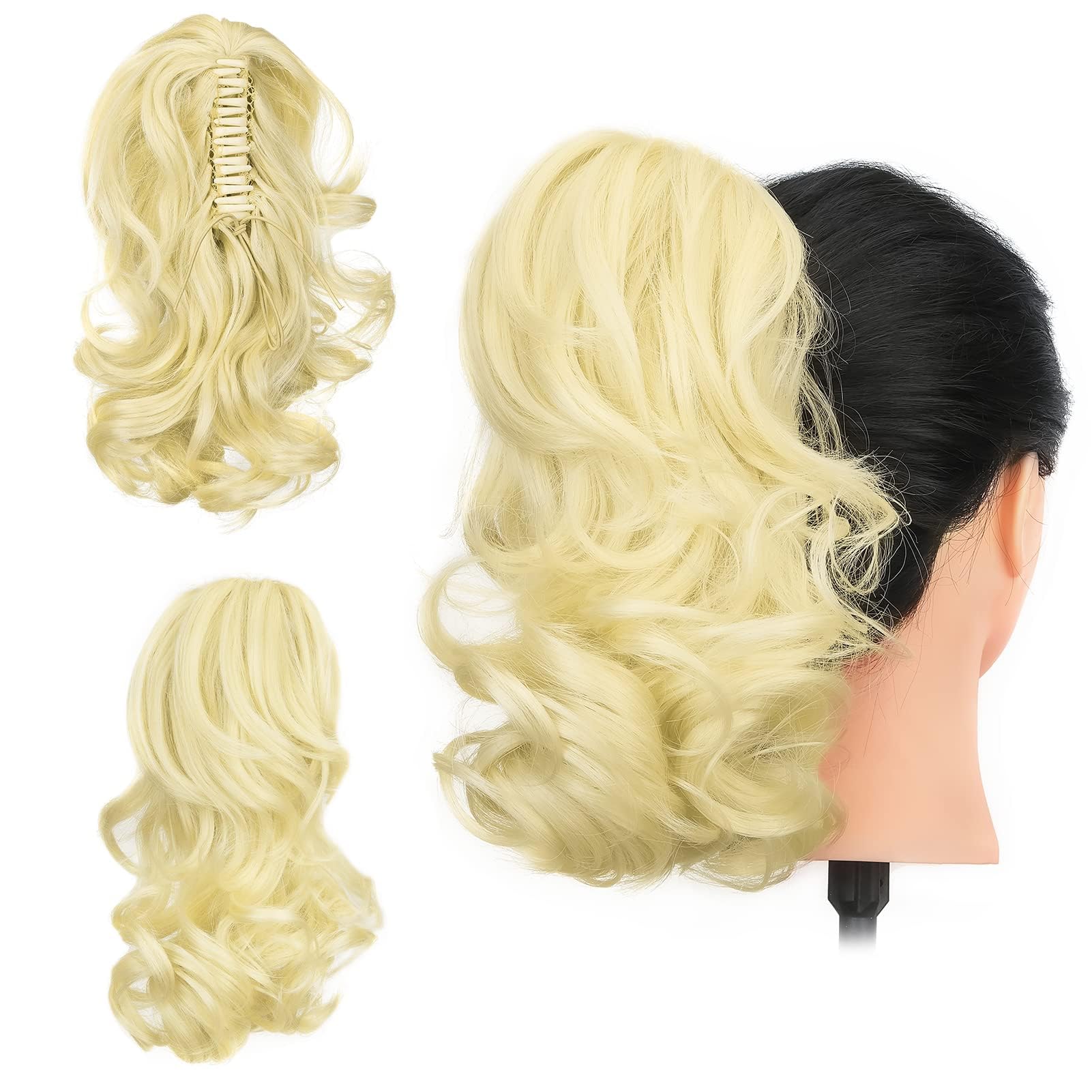 Gairyan 12" Clip in Ponytail Hair Extensions Curly Ponytail Extension Claw on Pony tails Wavy Synthetic Hairpieces for Women Real Look Short Wave (Bleach Blonde) — image 1