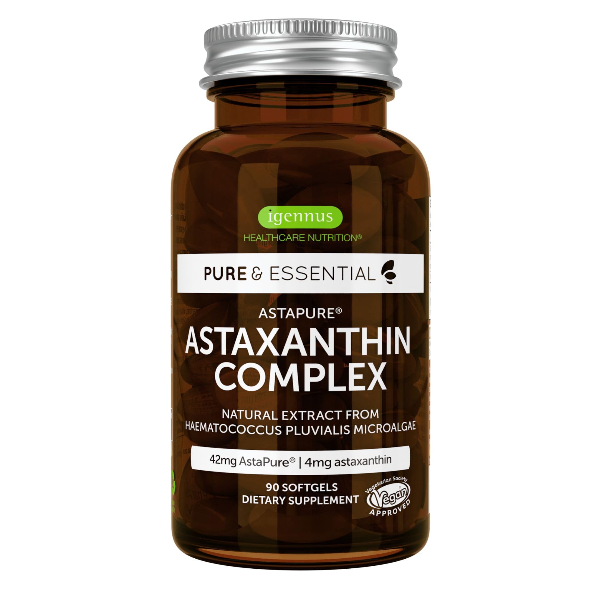 Igennus Vegan Astaxanthin 4mg Complex with Lutein and Zeaxanthin, 90 Small Softgels, from 42 mg Astapure, Natural Algae Antioxidant for Eyes, Skin & Joints, Non-GMO, H. Pluvialis