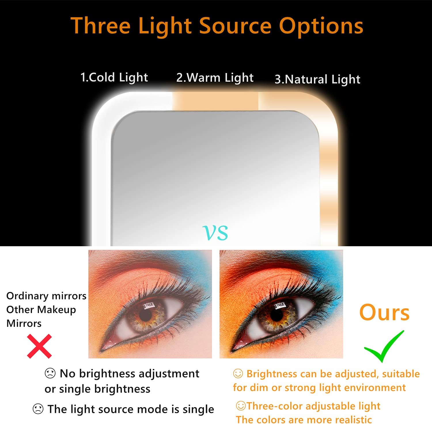 Bird&Fish Vanity Mirror with Lights Makeup Mirror Lighted LED Desk Mirror Touch Control 3 Color Lighting Modes Portable Cosmetic Travel Mirror Tabletop Make Up Mirror USB Rechargeable (White): Kitchen & Dining