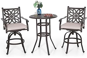 PHI VILLA Patio Furniture Set, Brown 3Pcs Cast Aluminum High Top Table and Swivel Bar Stools with Cushion, Pub Bistro Set for Outdoor