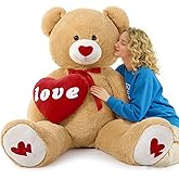 MorisMos Love Heart Giant Teddy Bear 4.3ft, I Love You Large Bear for Girlfriend, Soft Valentine Stuffed Animals Plush Gift for Boyfriend, Brown, 51Inch