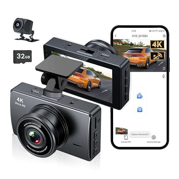 DASH CAM FRONT AND REAR, DASH CAMERA FOR CARS 4K+1080, DASHCAM BUILT-IN WIFI, APP CONTROL, 32GB CARD INCLUDED, 3″ IPS TOUCH SCREEN, 24H PARKING MONITOR, NIGHT VISION, G-SENSOR