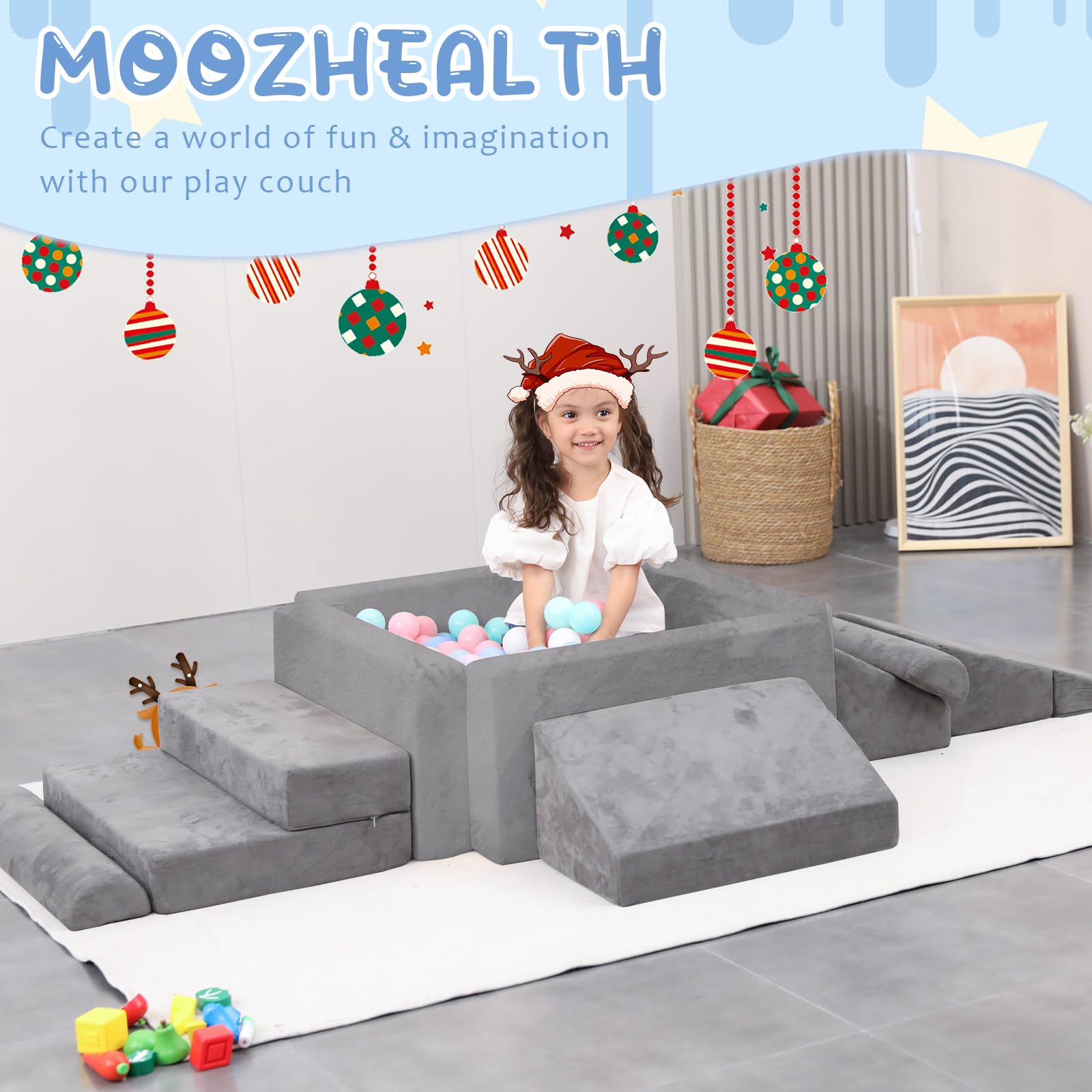 MOOZHEALTH Kids Play Couch- Modular Playset Foam Climbing Blocks for Toddlers Children with Square Ball Pit,Convertible Foam Couch Sofa Indoor Furniture for Playroom, Bedroom(Gray)