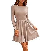 Zenlonr Women's Fall Dresses 2025 Casual Long Sleeve Ribbed Knit Crewneck Short Dress Flowy A-Line Party Dresses
