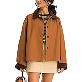 Lviefent Womens Contrast Collar Jacket Casual Button Down Long Sleeves Crop Trench Coat Outerwear with Pockets