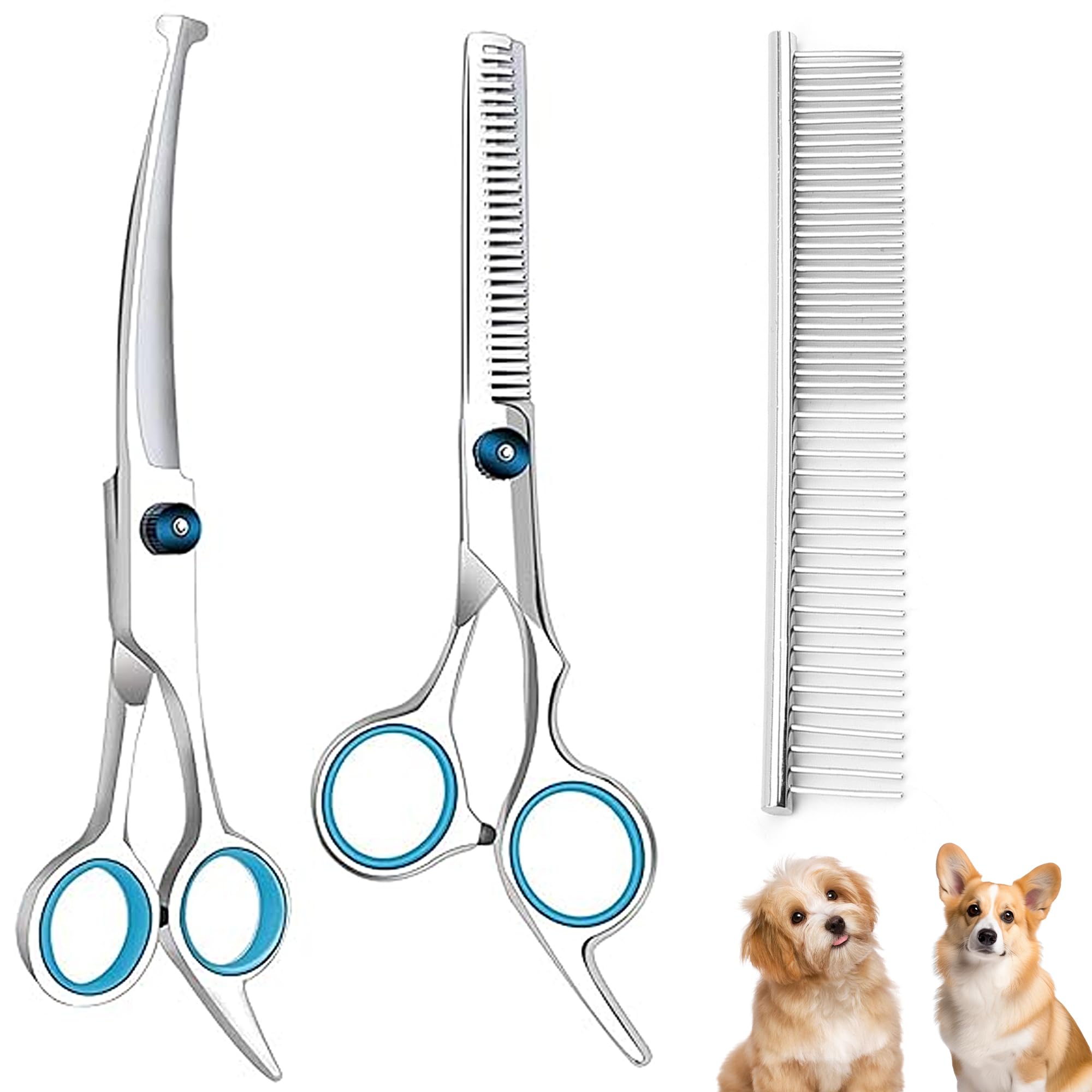 LZGOPE Pet Grooming Scissors with Safety Rounded Tips, Stainless Steel Grooming Trimming Set for Dogs and Cats, 6.7-Inch Professional Thinning and Curving Shears, Hair Care Tool with Comb (3PCS)