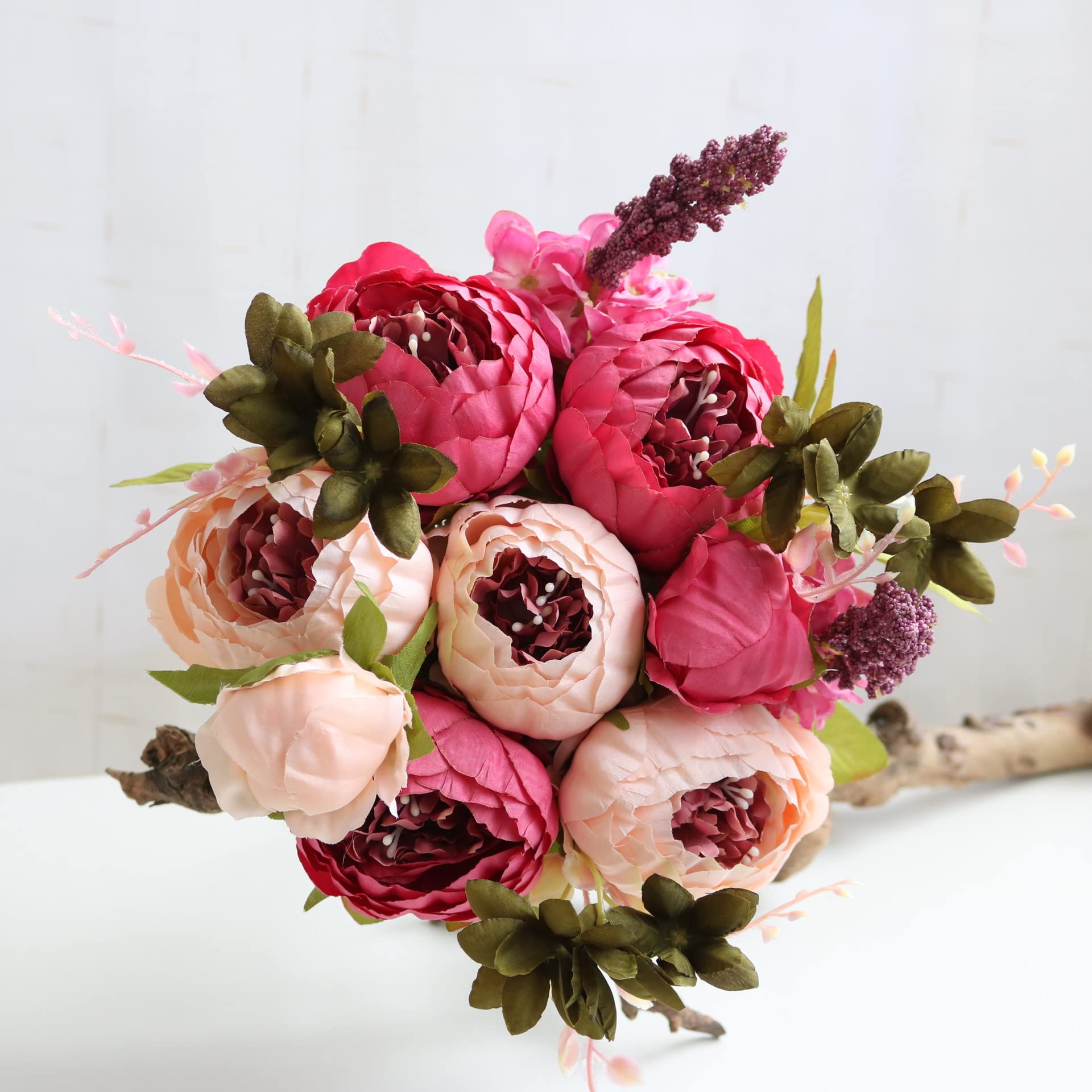 JOYHAZE 1 Pack Artificial Peony Bouquet, 19'' Silk Big Peonies Faux Flowers with Buds for Wedding Home Party Office Decor, Table Centerpieces, DIY Floral Arrangements (Dark Red)