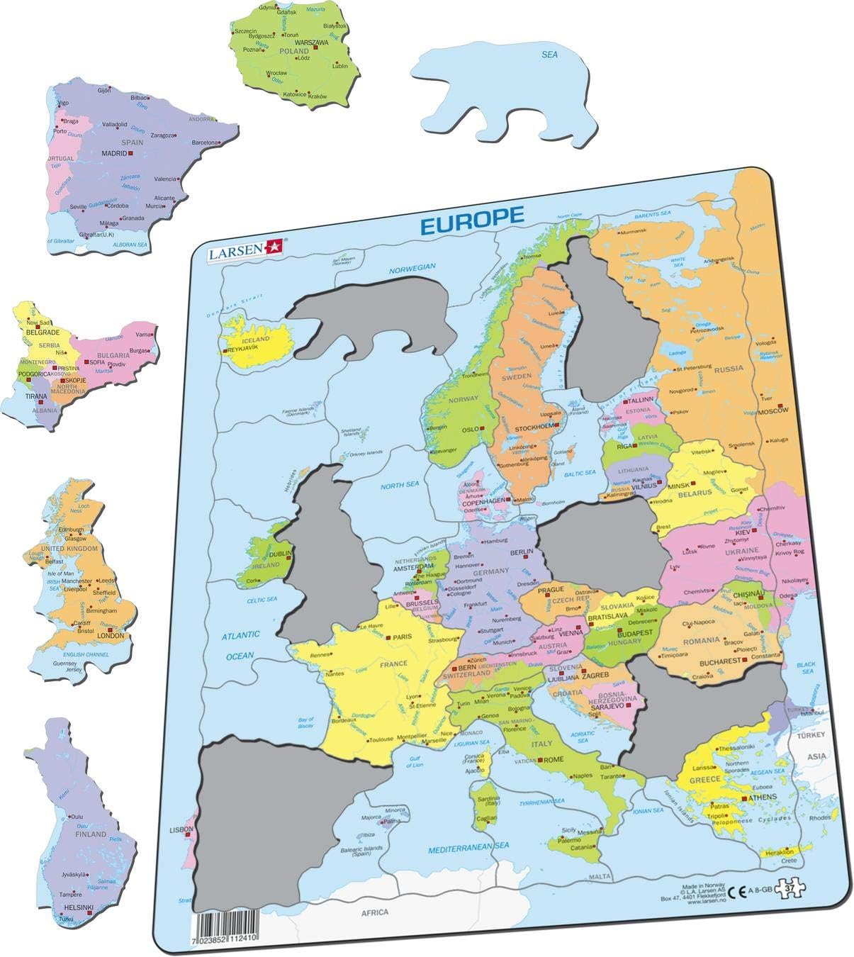 Larsen A8 Europe Political Map Puzzle, 37-Piece Tray Puzzle for Kids (Learn Countries, Cities - Image 3