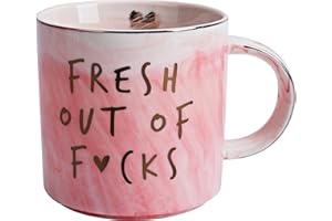 HENDSON Funny Coffee Mugs Gifts for Women - Sarcastic Novelty Cups Gag Gift for Friends, Coworkers, Boss, Employee, Human Resources - Fresh Out Of - Inappropriate Cute Pink Marble Mug, 11.5oz Coffee Cup
