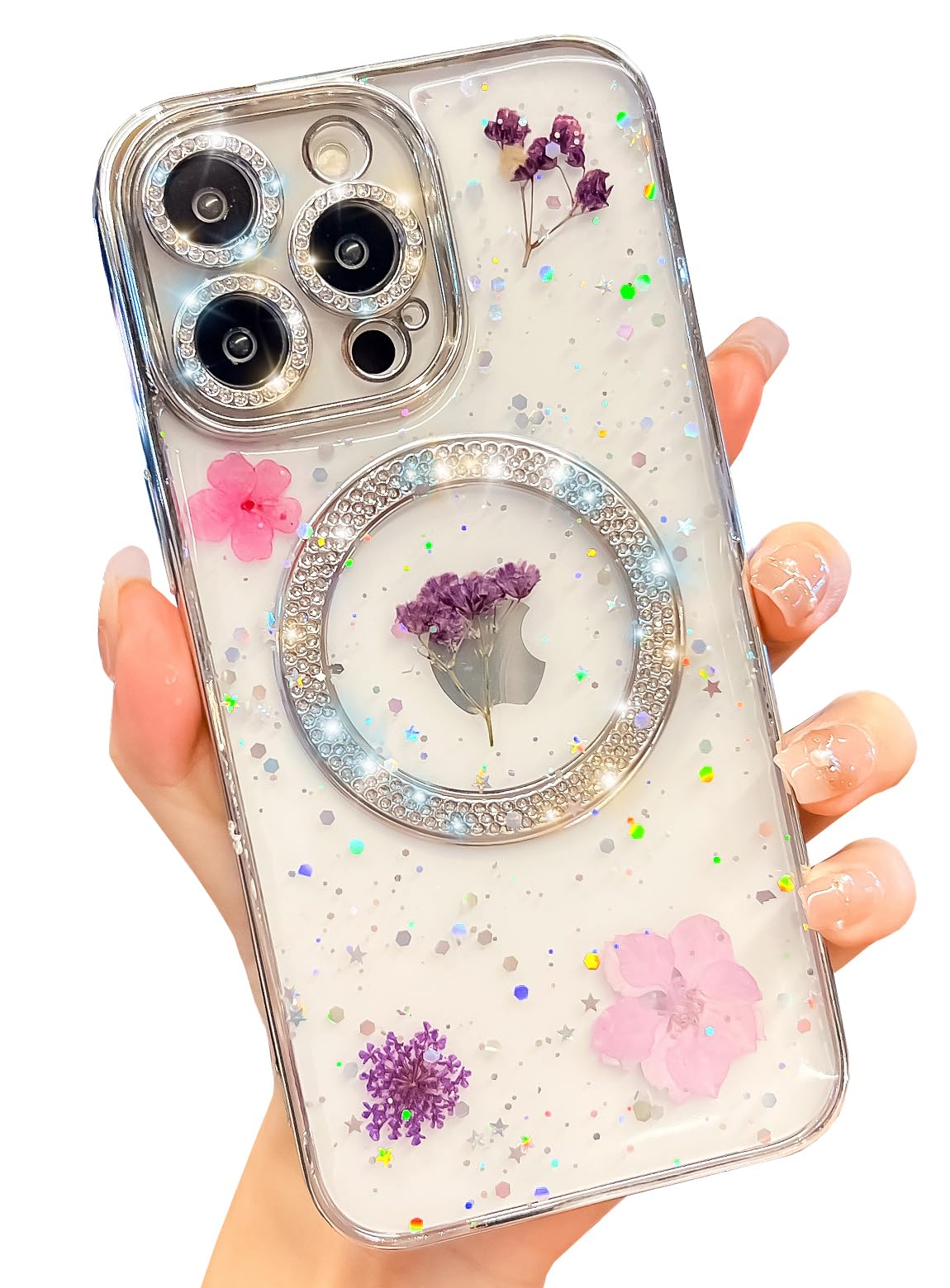 Photo 1 of BANAILOA Design for iPhone 15 Pro Max Case Compatible with Magsafe, Luxury Real Flowers Case Bling Rhinestones Cute Plating Clear Case Glitter Soft Protective Phone Case - 6.7 inch (Purple)