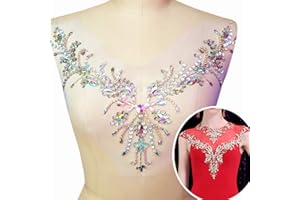 SUCCI SHAN Sparkle Beaded V-Neck AB Color Bling Sew On Neckline Sequin Rhinestones Crystal Trim Bridal Applique Design Patch Sewing for Wedding Dresses DIY Craft 12x15 Inch (AB)