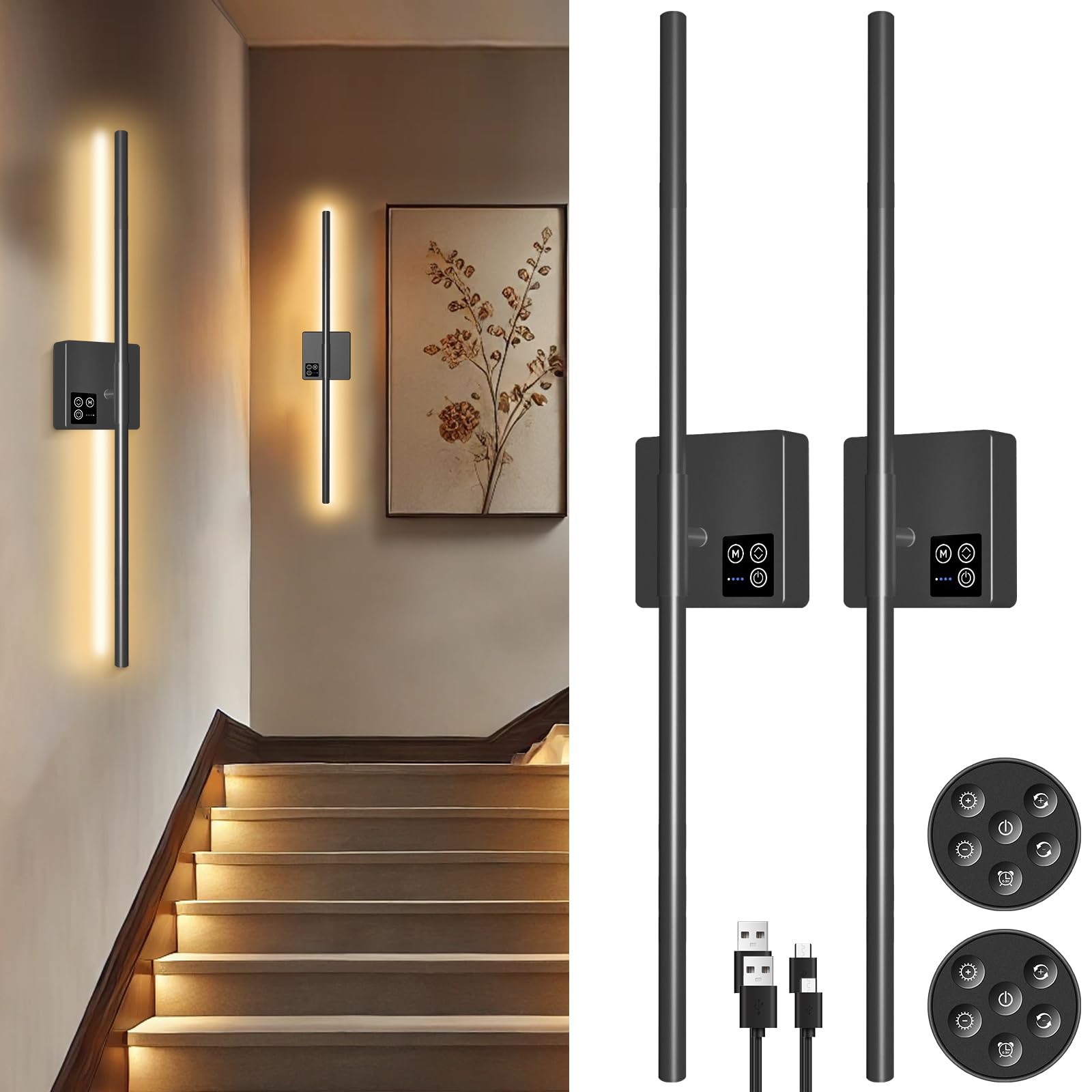 Photo 1 of 31in Wireless Wall Sconces Set of Two, [Creates Sunset Glow Ambiance] Dimmable 2700K–6000K with 8000mAh Battery & Display, Touch/Remote Control, Rechargeable Wall Lamps for Home Decor   – Black