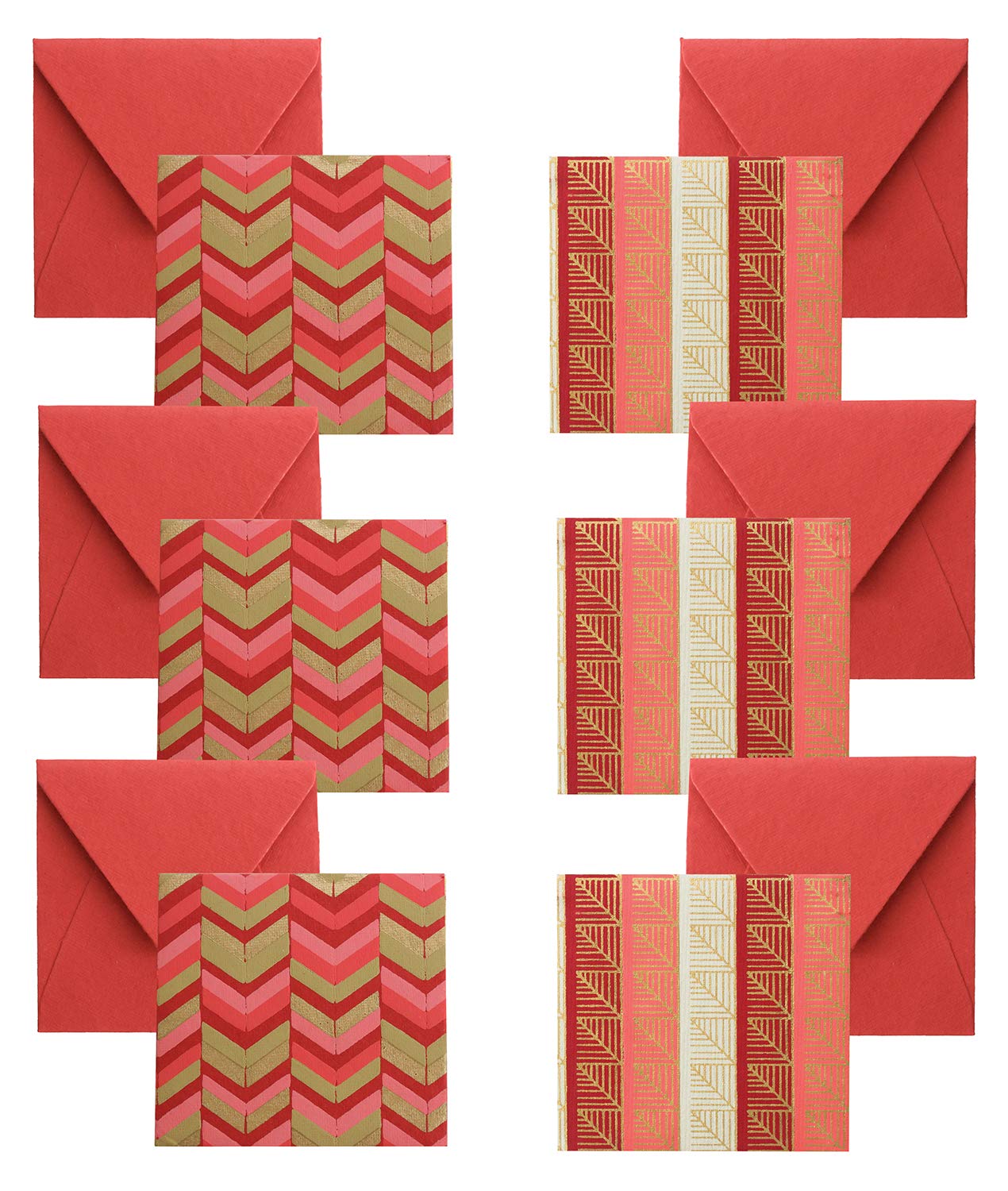 Emartbuy Pack of 6 Handmade Paper Envelopes With Notecard 8 x 8 cm Red Gold