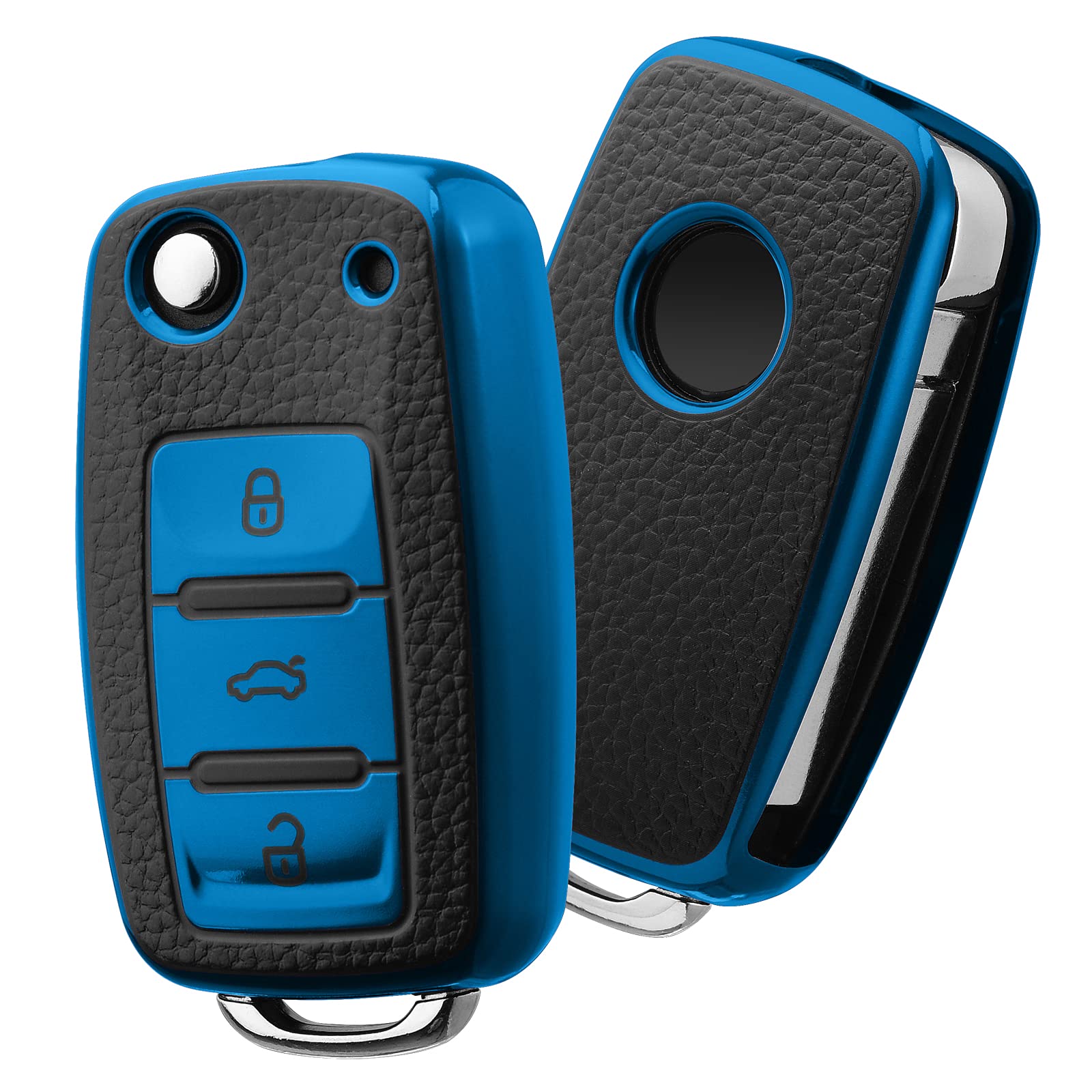 OATSBASF Car Key Cover for VW Golf, Polo, Passat; Skoda; Seat; 3 Buttons (Blue-Leather)