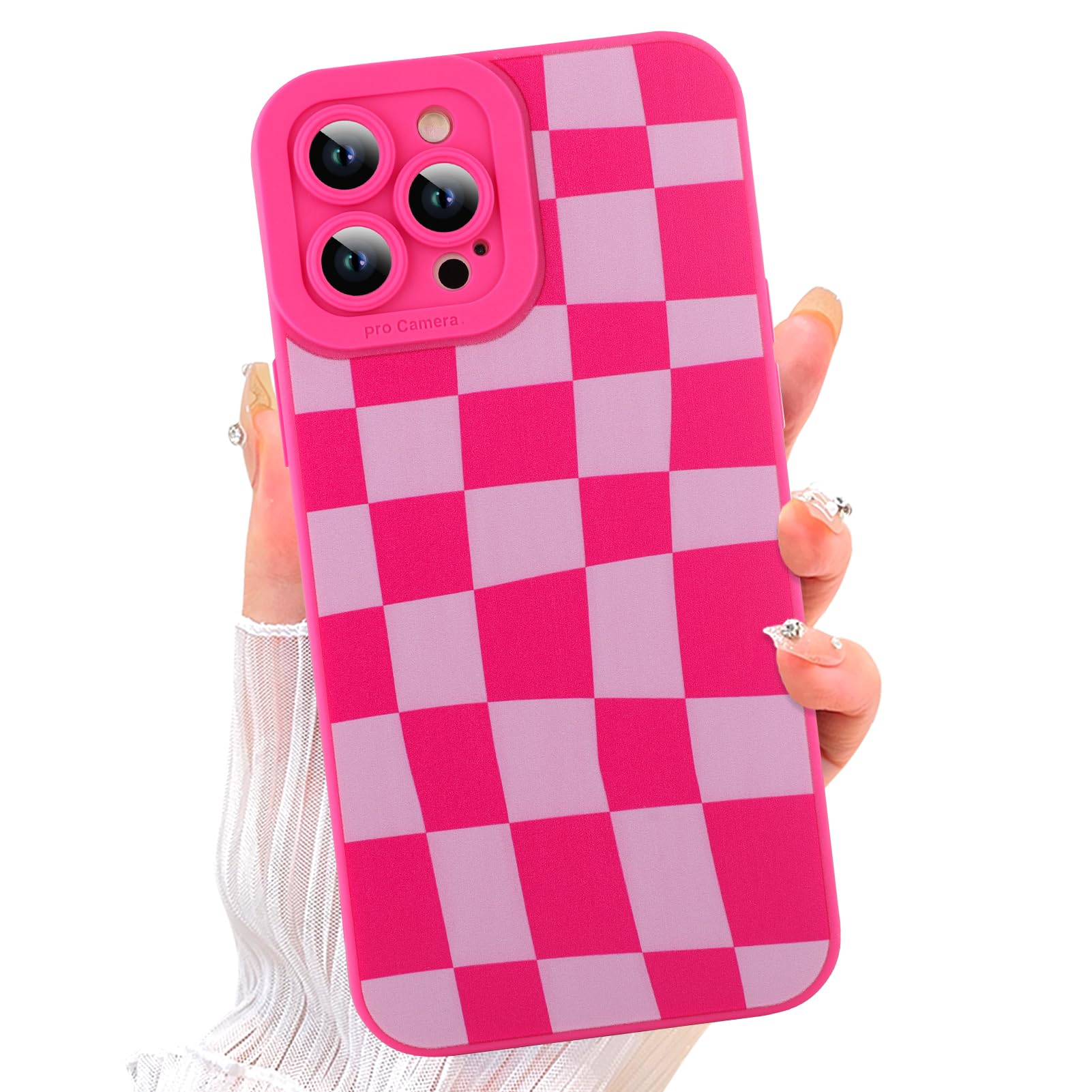ZIYE for iPhone 12 Case Hot Pink Grids Plaid Checkerboard Pattern Phone Case with Camera Protection,Soft TPU Silicone Rubber Protective Cover Grid Checkered Chess Design Cases