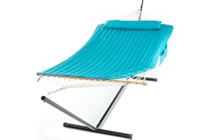 PNAEUT Double Hammock with Stand for Outside, Rope Hammocks with Polyester Pad 2 Person, 12ft Heavy Duty Stand, Extra Pillow, Storage Sidebag, Max 475 lbs Capacity (Lake)